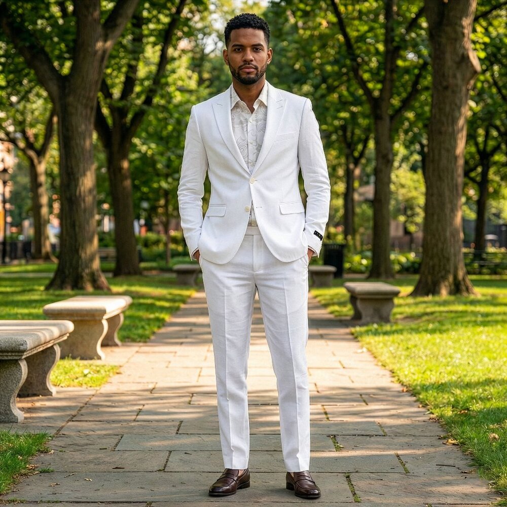 New 2026 Mens 2pc Linen Spring White Suit Set, Skinny Fit